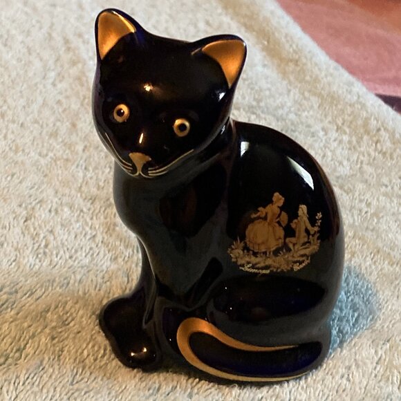 VTG Limoges Castel France Cobalt Blue Porcelain Cat/Kitten Figurine 22K Gold-NOS - Picture 3 of 10